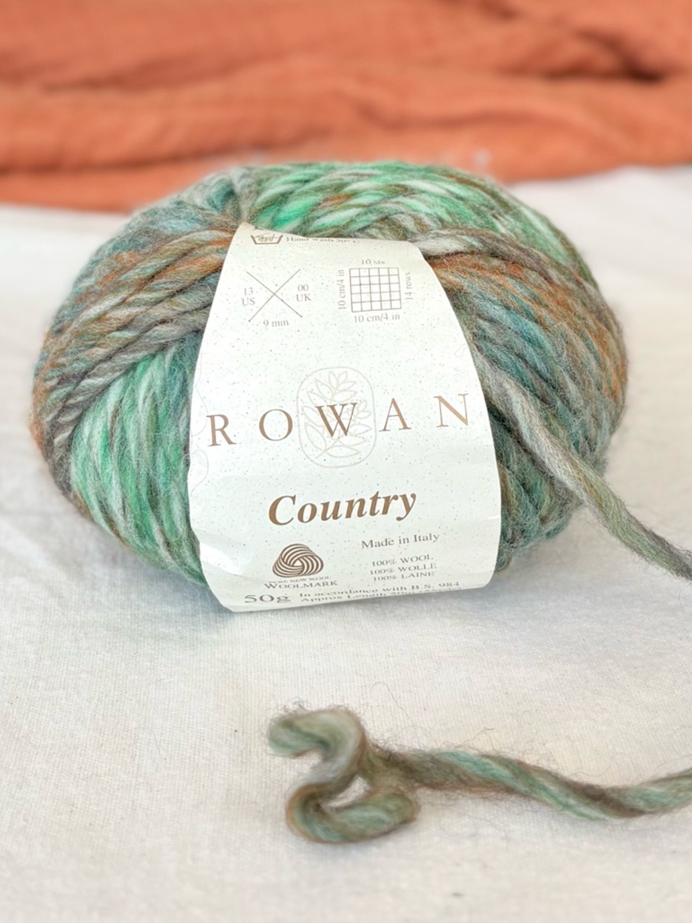 rowan country super bulky wool deep deadstock green + rust 50g/55y nwt